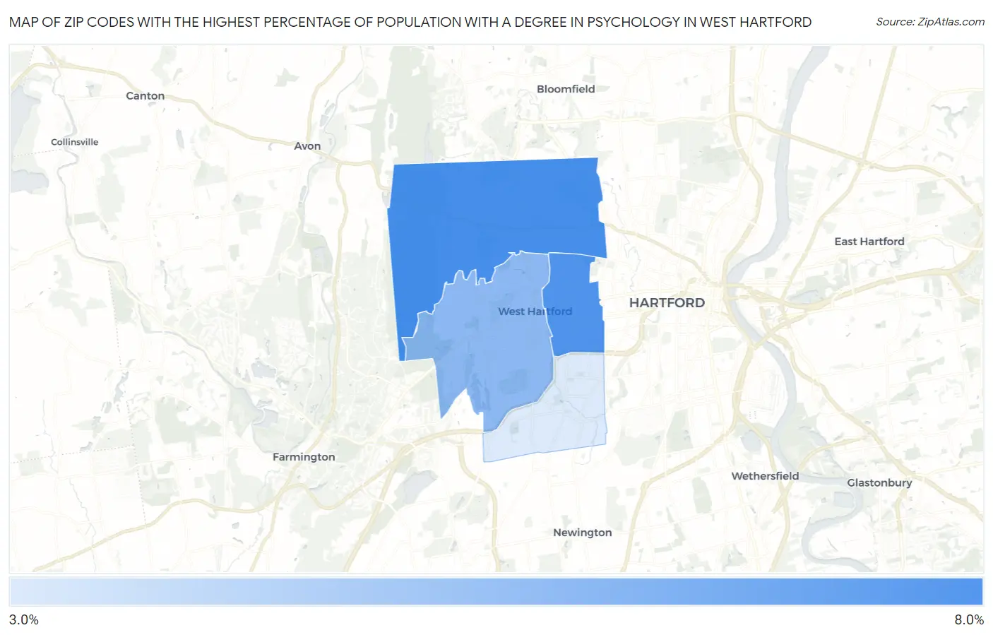 Zip Codes with the Highest Percentage of Population with a Degree in Psychology in West Hartford Map