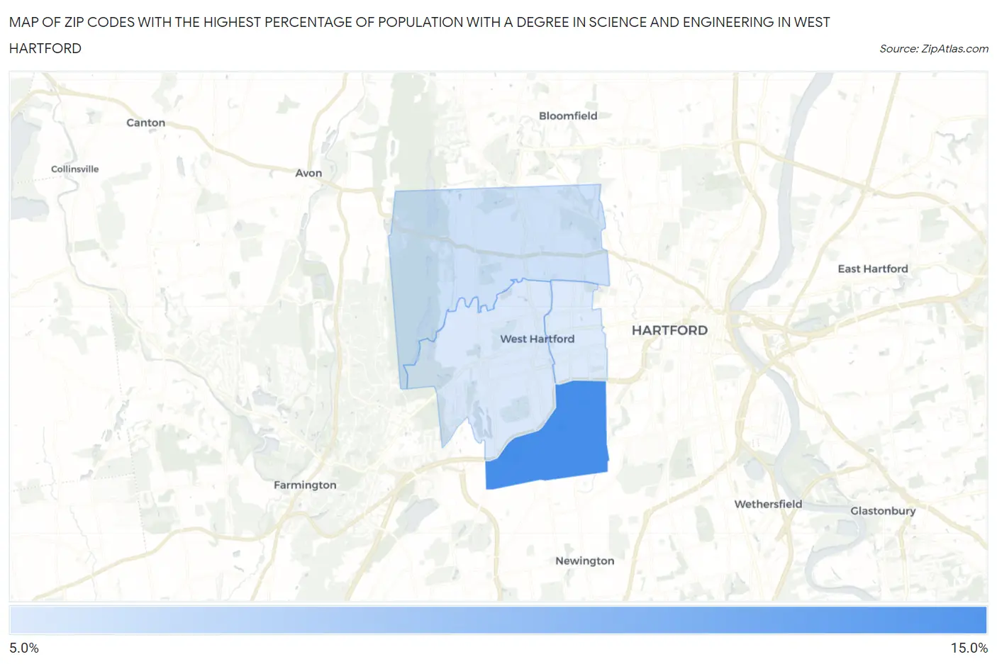Zip Codes with the Highest Percentage of Population with a Degree in Science and Engineering in West Hartford Map