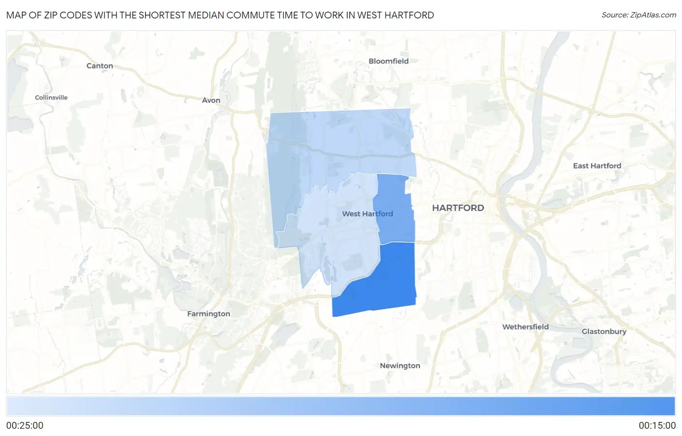 Zip Codes with the Shortest Median Commute Time to Work in West Hartford Map