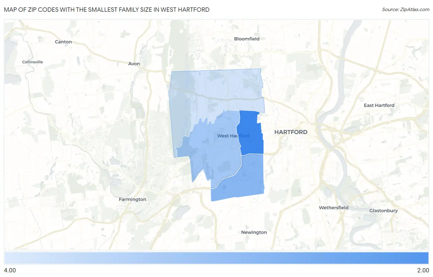 Zip Codes with the Smallest Family Size in West Hartford Map