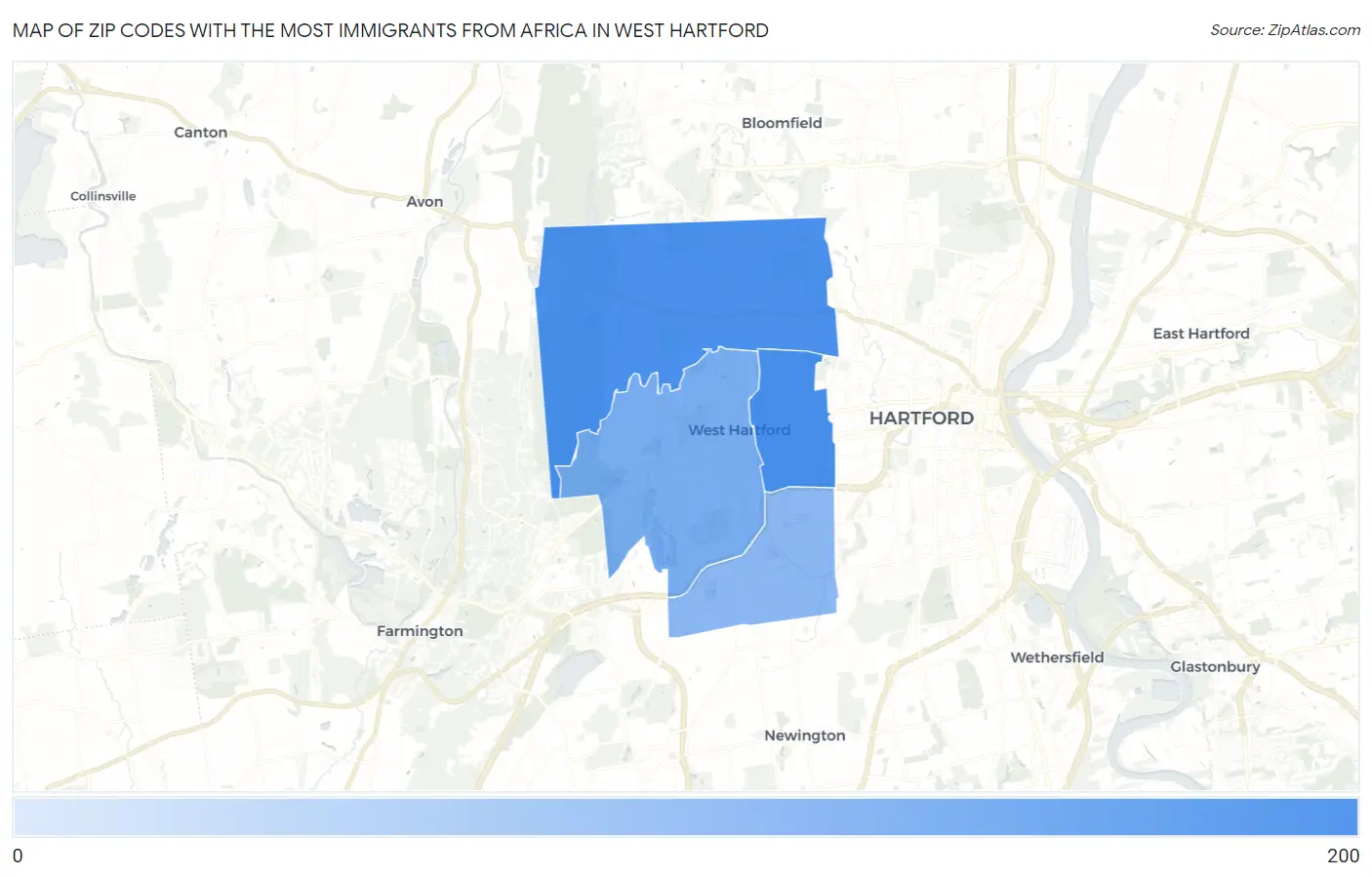 Zip Codes with the Most Immigrants from Africa in West Hartford Map