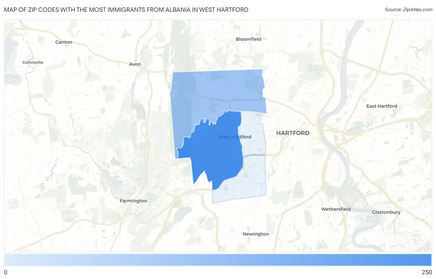 Zip Codes with the Most Immigrants from Albania in West Hartford Map