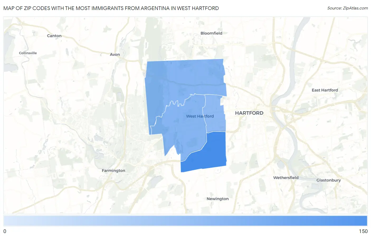 Zip Codes with the Most Immigrants from Argentina in West Hartford Map