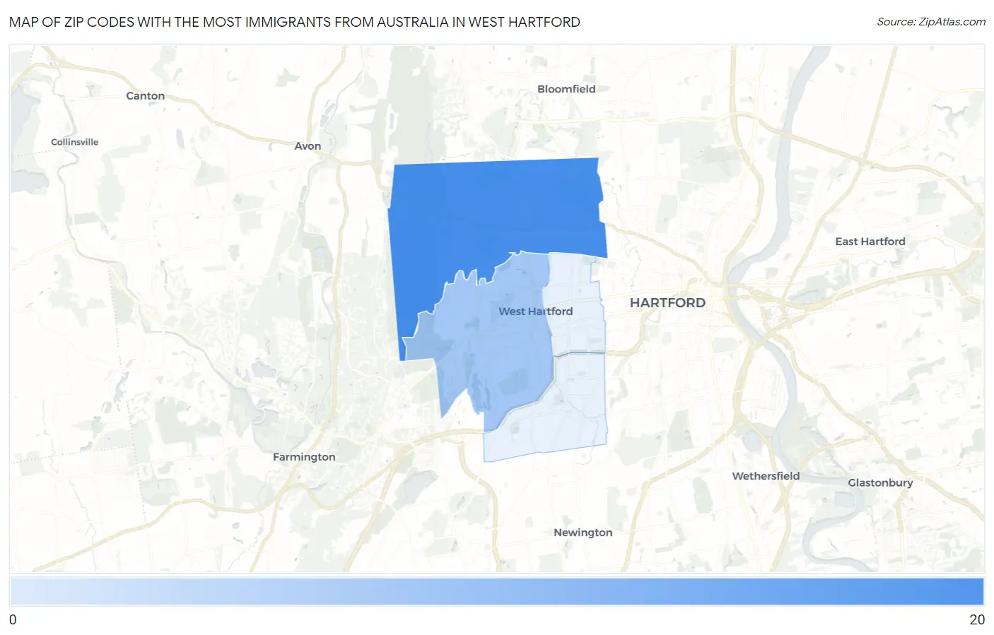 Zip Codes with the Most Immigrants from Australia in West Hartford Map