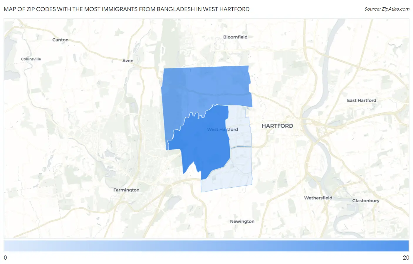 Zip Codes with the Most Immigrants from Bangladesh in West Hartford Map
