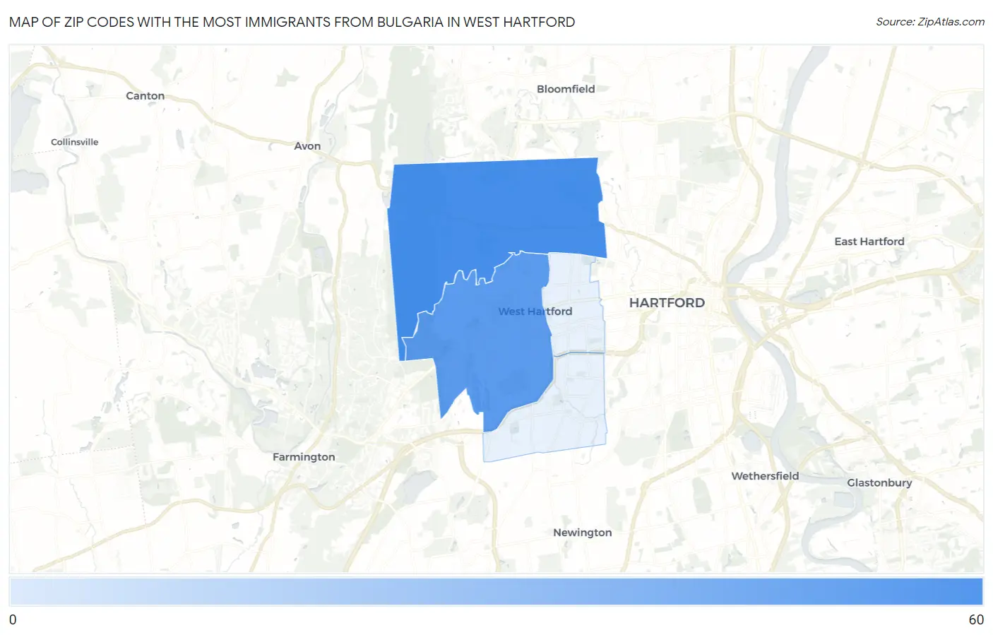 Zip Codes with the Most Immigrants from Bulgaria in West Hartford Map