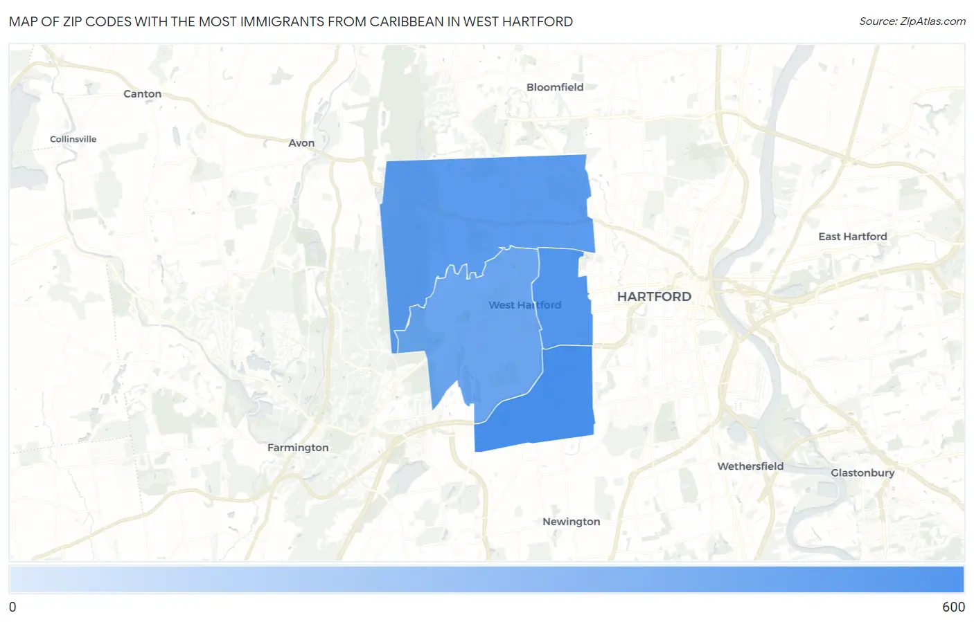 Zip Codes with the Most Immigrants from Caribbean in West Hartford Map