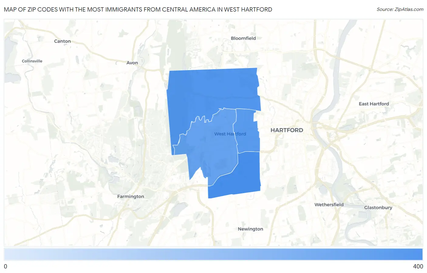 Zip Codes with the Most Immigrants from Central America in West Hartford Map