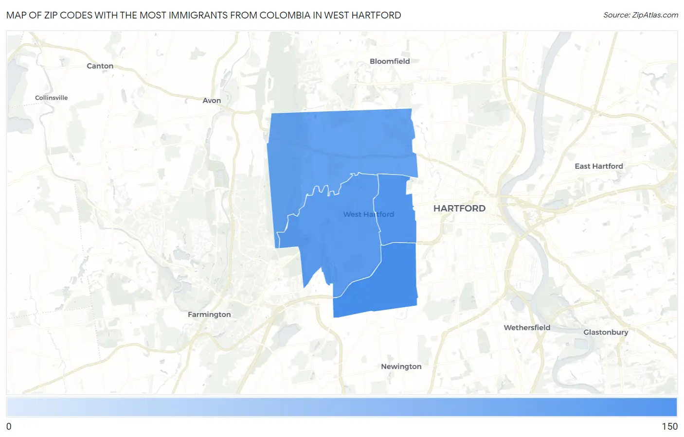 Zip Codes with the Most Immigrants from Colombia in West Hartford Map