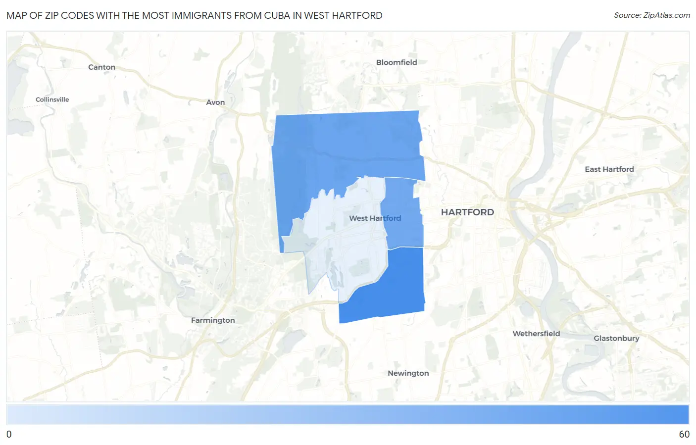 Zip Codes with the Most Immigrants from Cuba in West Hartford Map