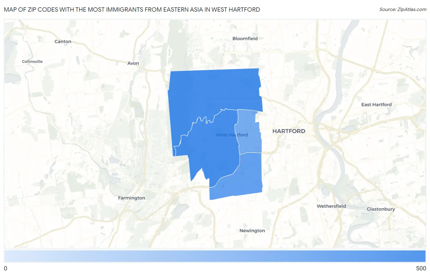 Zip Codes with the Most Immigrants from Eastern Asia in West Hartford Map