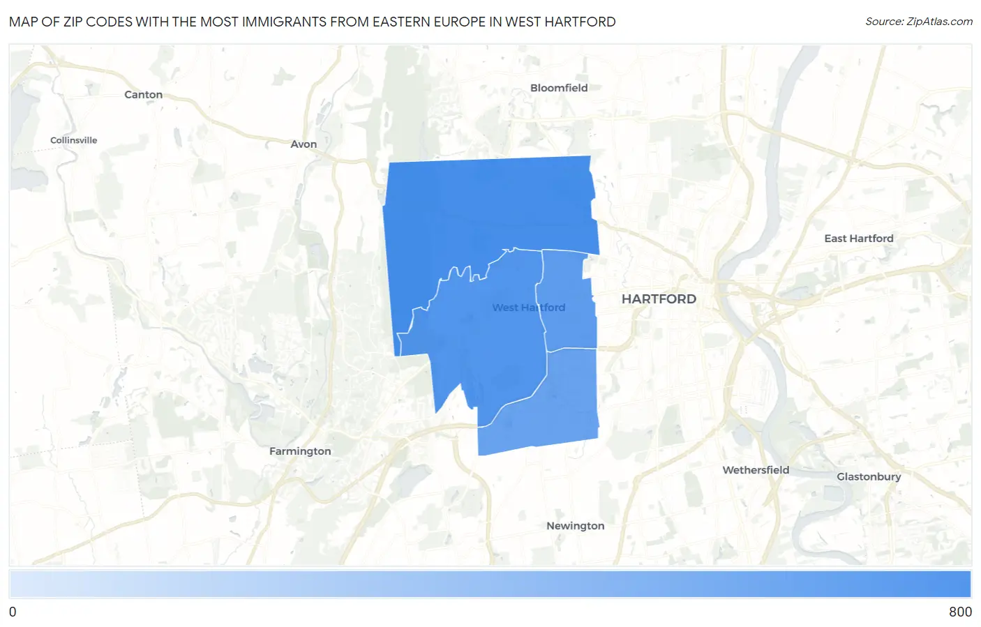 Zip Codes with the Most Immigrants from Eastern Europe in West Hartford Map