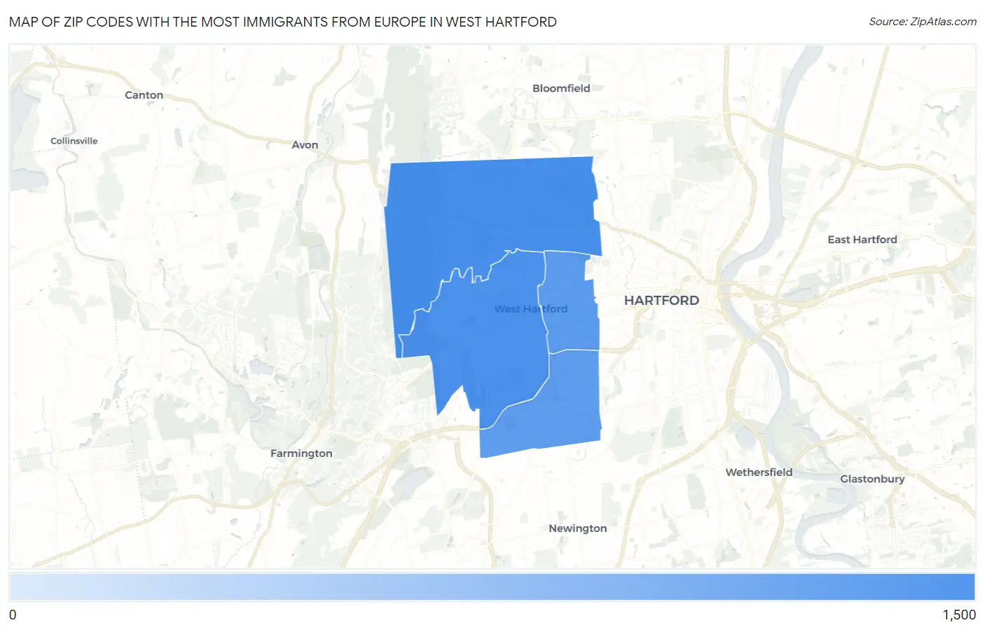 Zip Codes with the Most Immigrants from Europe in West Hartford Map