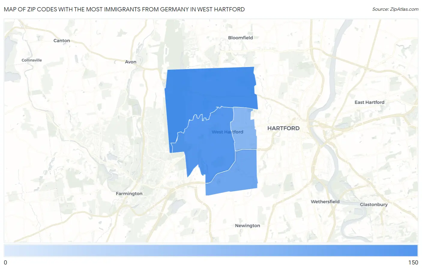 Zip Codes with the Most Immigrants from Germany in West Hartford Map