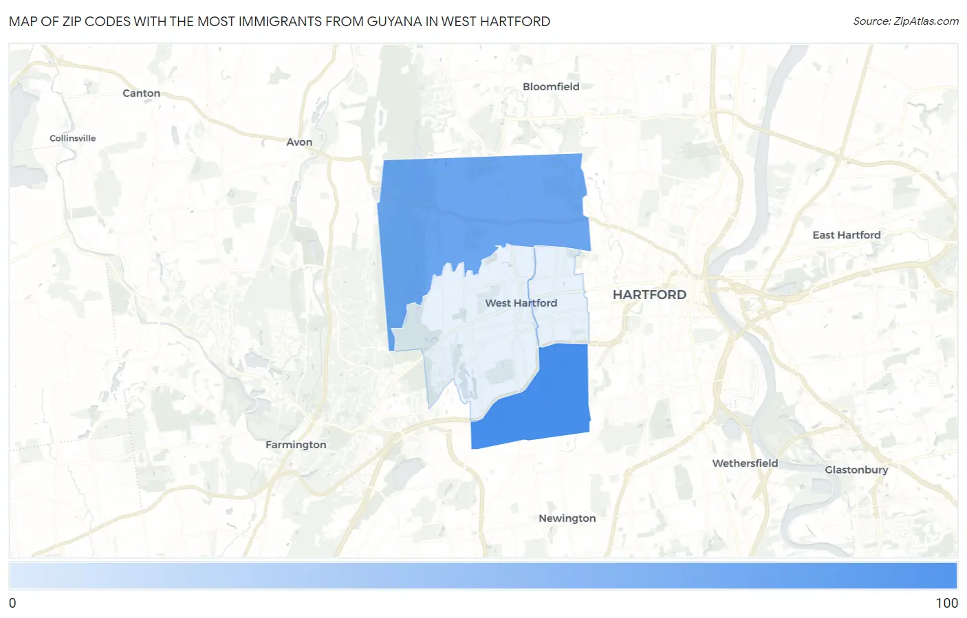 Zip Codes with the Most Immigrants from Guyana in West Hartford Map