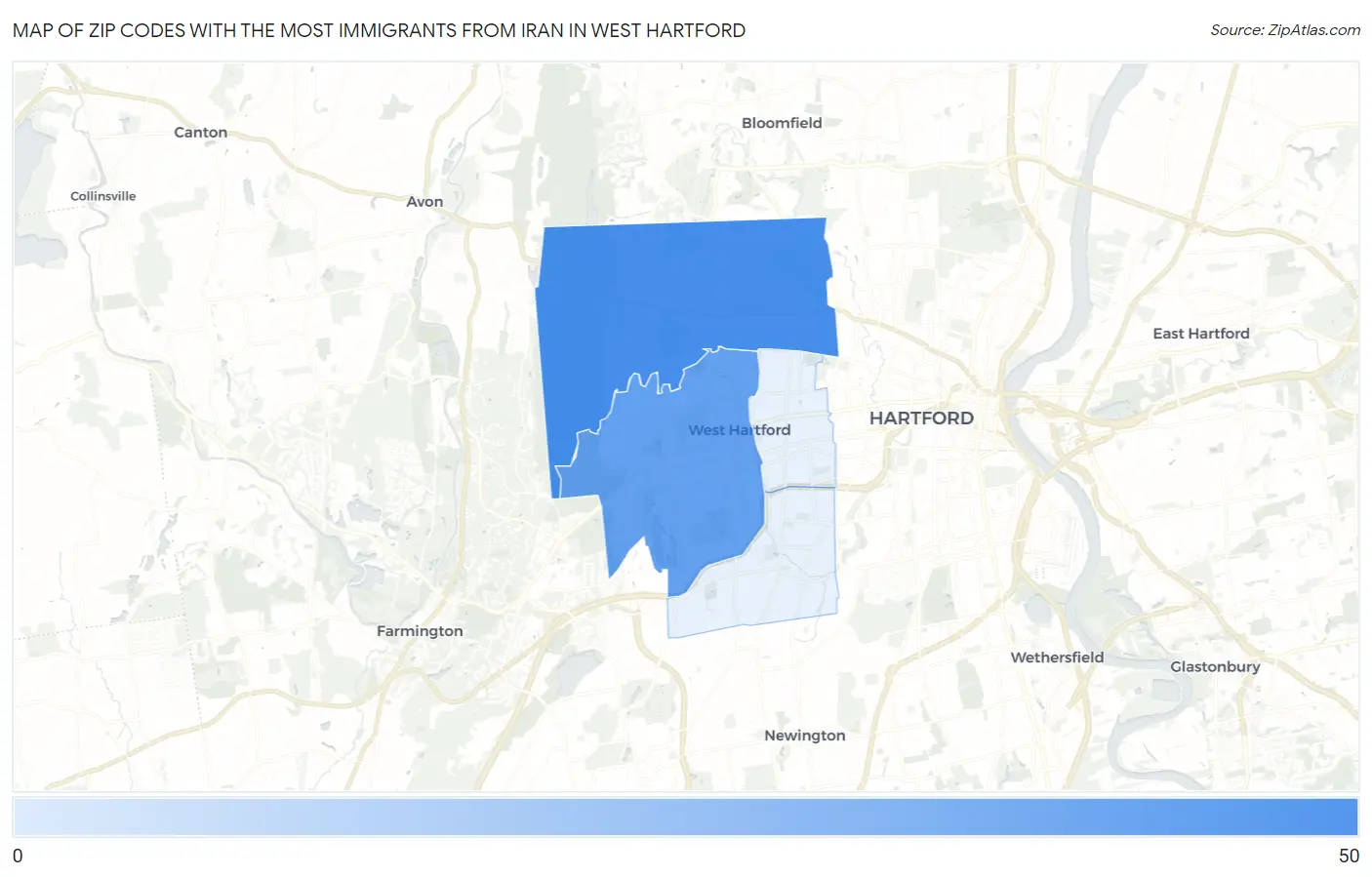 Zip Codes with the Most Immigrants from Iran in West Hartford Map