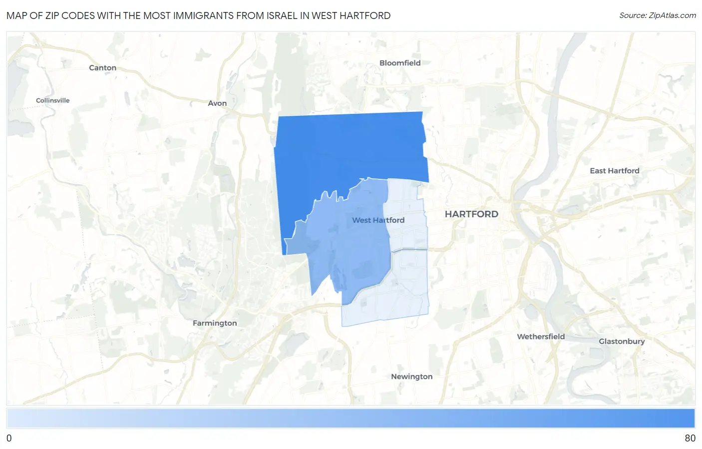 Zip Codes with the Most Immigrants from Israel in West Hartford Map