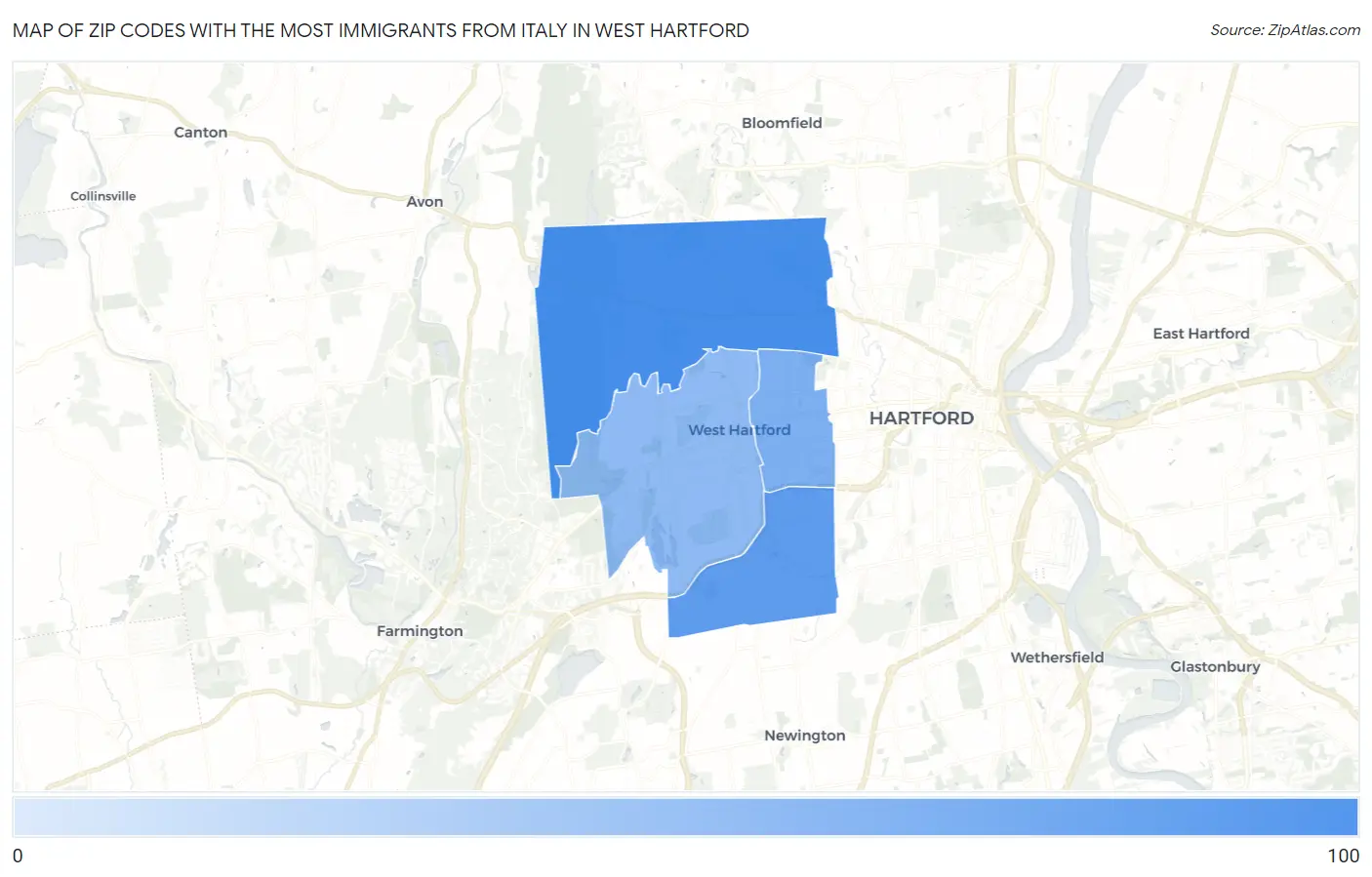 Zip Codes with the Most Immigrants from Italy in West Hartford Map