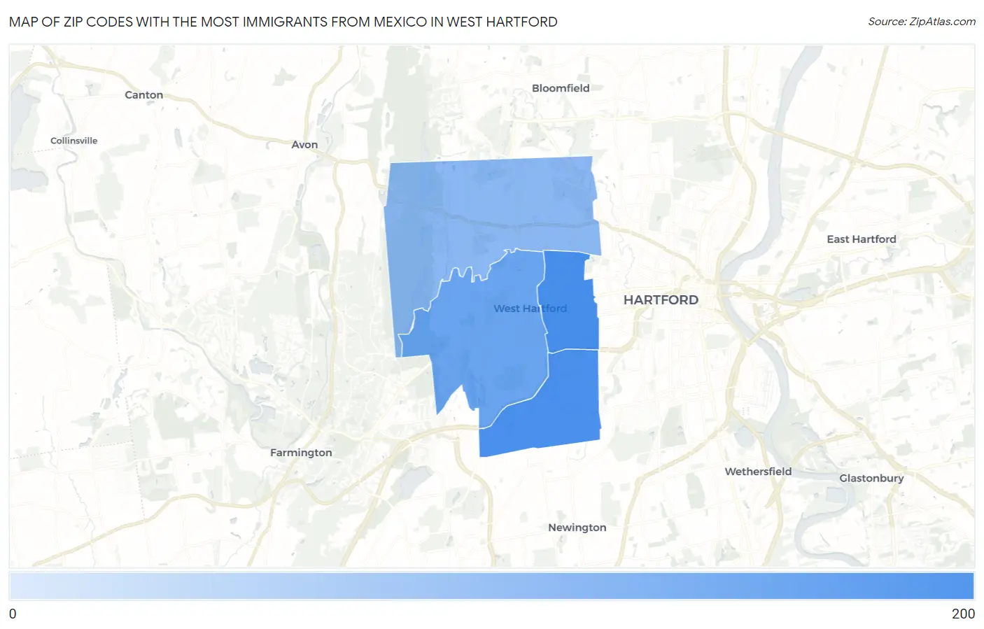 Zip Codes with the Most Immigrants from Mexico in West Hartford Map