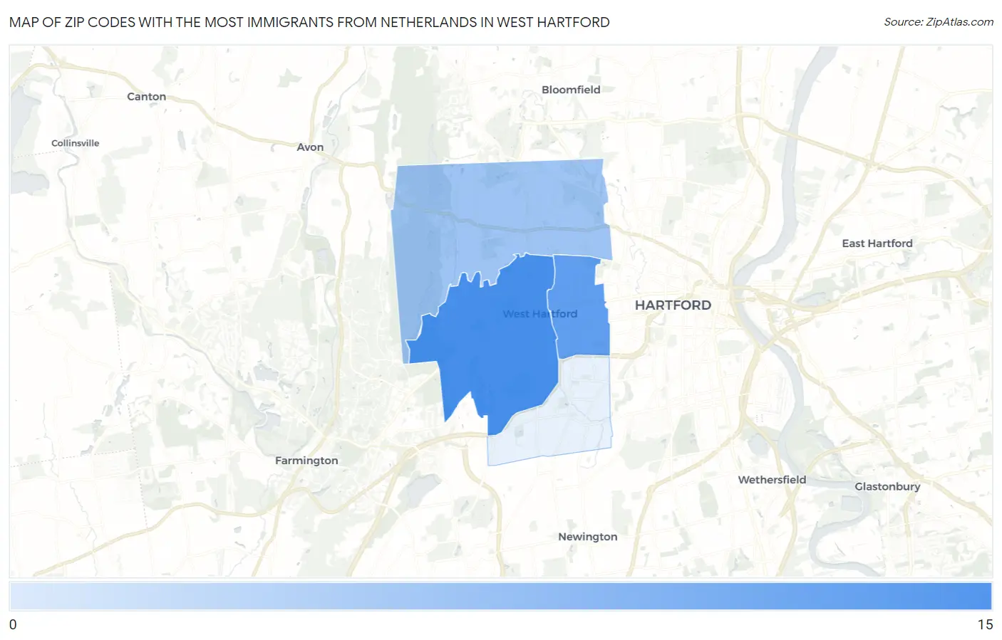 Zip Codes with the Most Immigrants from Netherlands in West Hartford Map