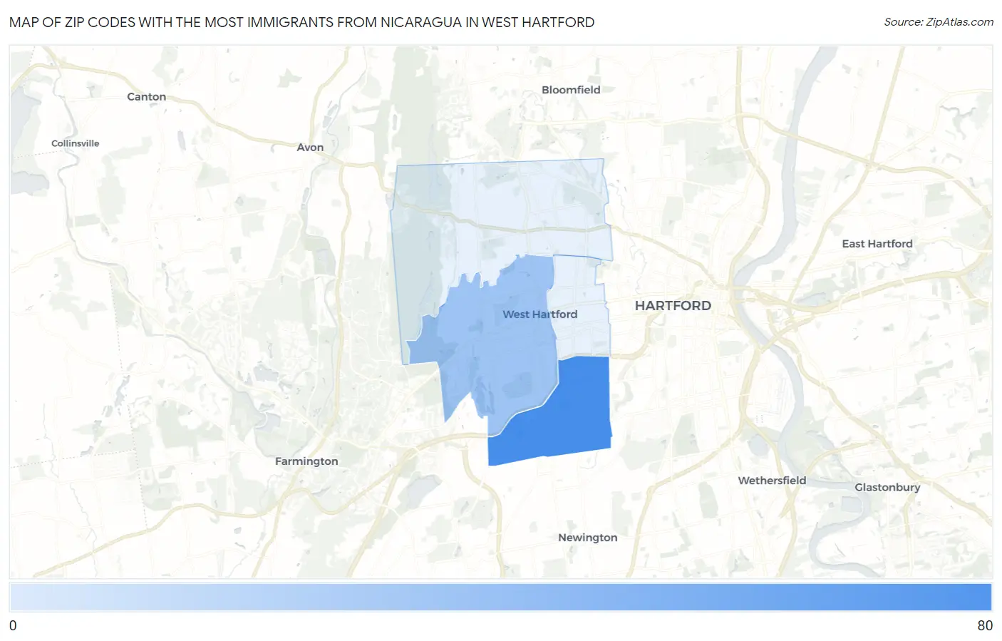 Zip Codes with the Most Immigrants from Nicaragua in West Hartford Map
