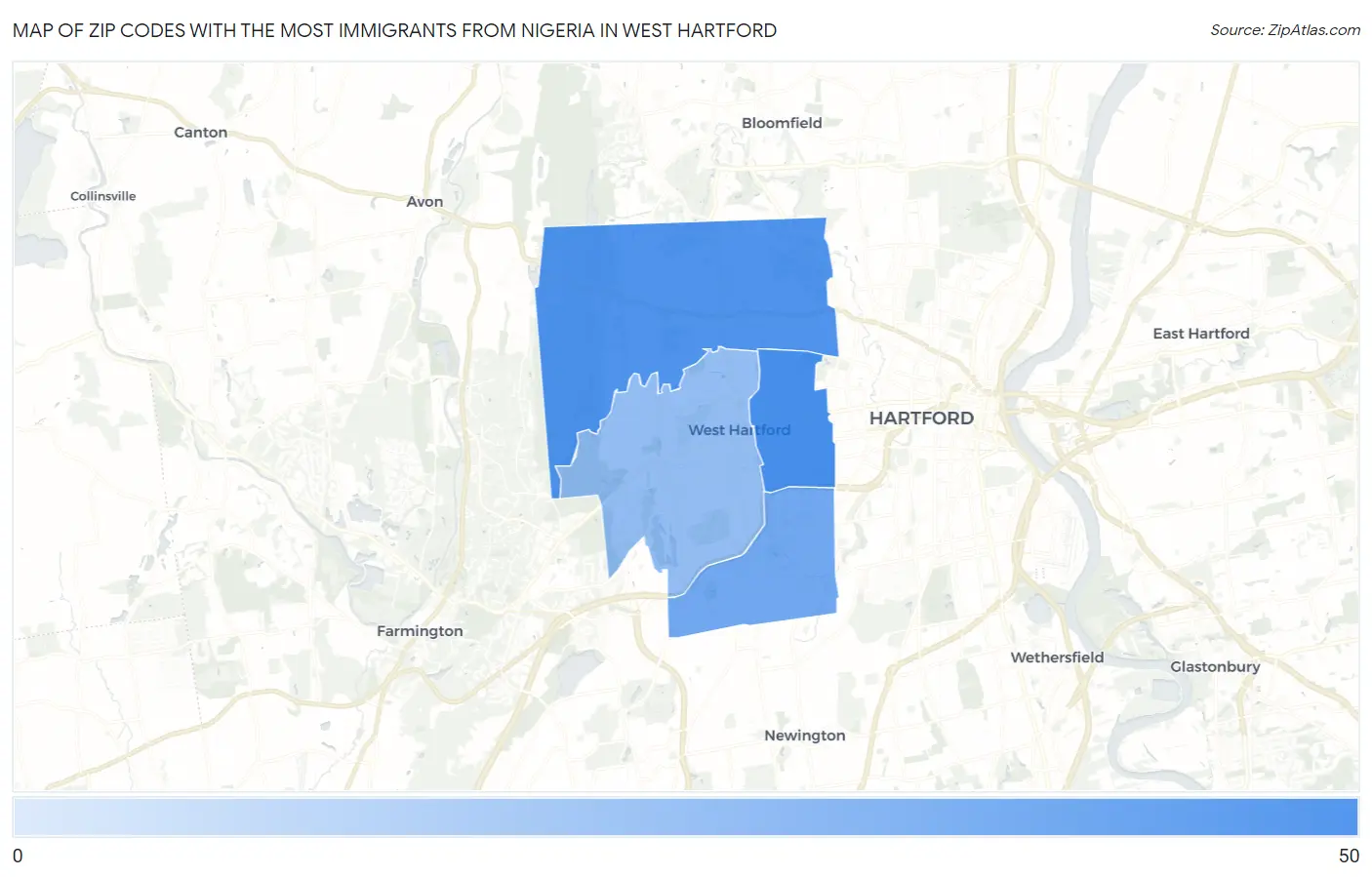 Zip Codes with the Most Immigrants from Nigeria in West Hartford Map