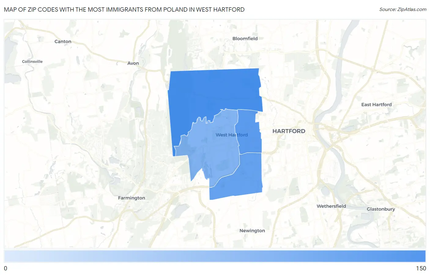 Zip Codes with the Most Immigrants from Poland in West Hartford Map