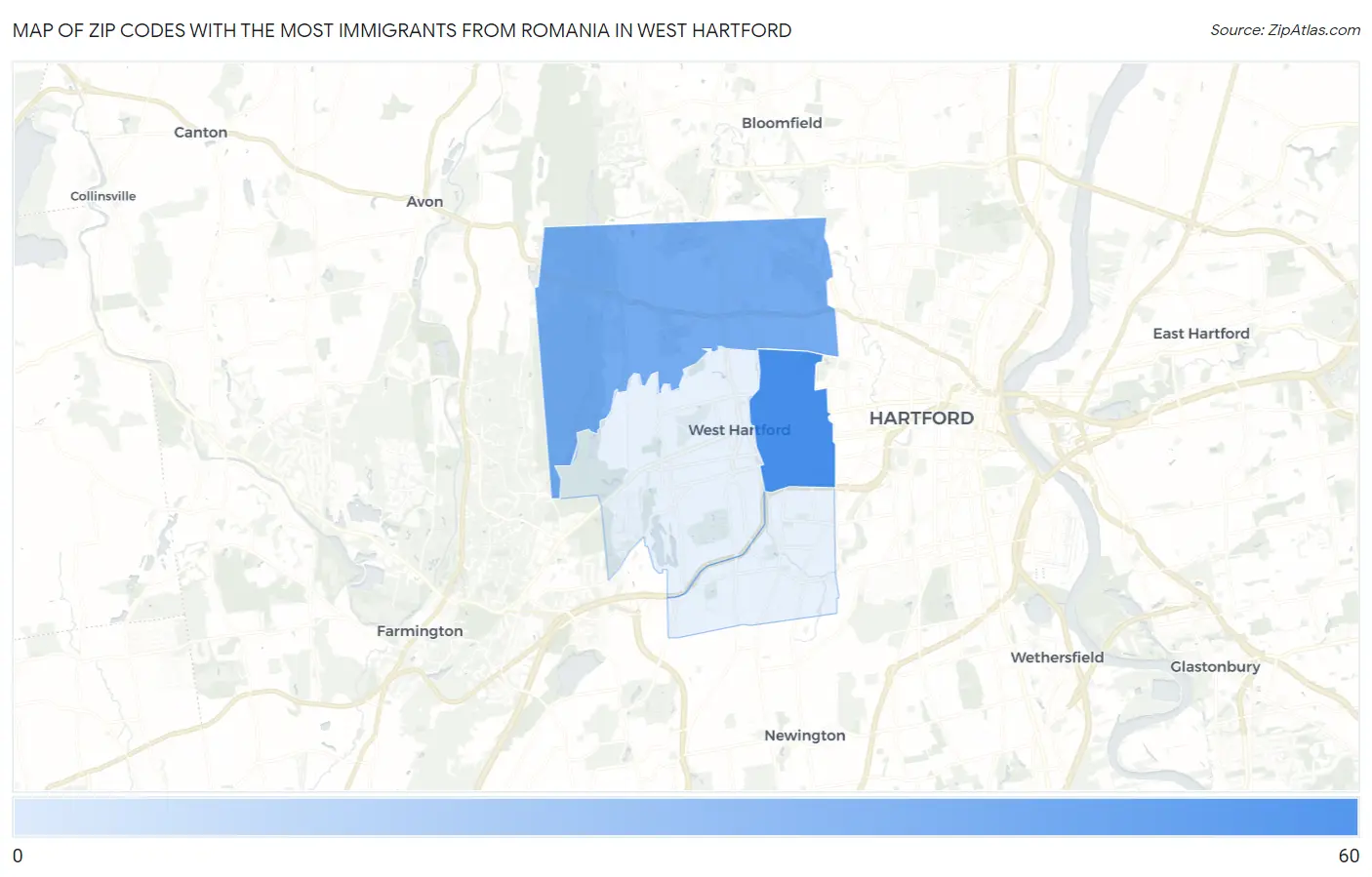 Zip Codes with the Most Immigrants from Romania in West Hartford Map