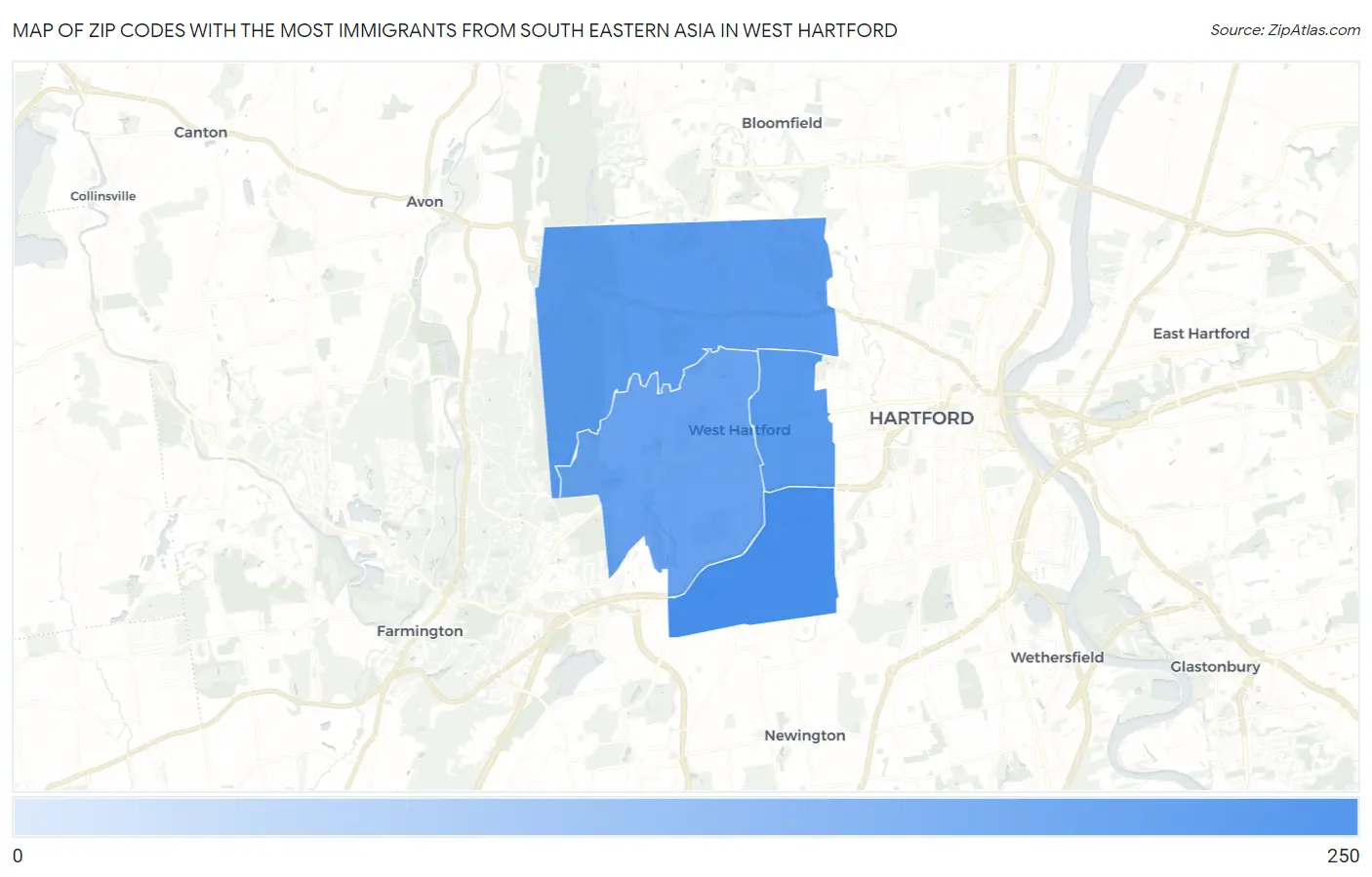 Zip Codes with the Most Immigrants from South Eastern Asia in West Hartford Map