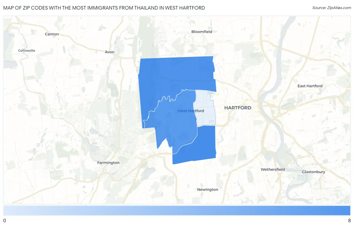 Zip Codes with the Most Immigrants from Thailand in West Hartford Map