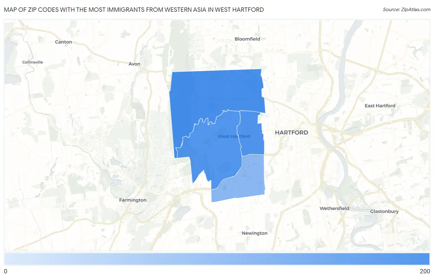 Zip Codes with the Most Immigrants from Western Asia in West Hartford Map
