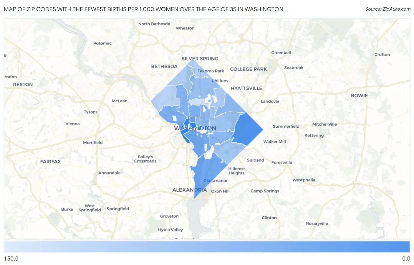 Zip Codes with the Fewest Births per 1,000 Women Over the Age of 35 in Washington Map