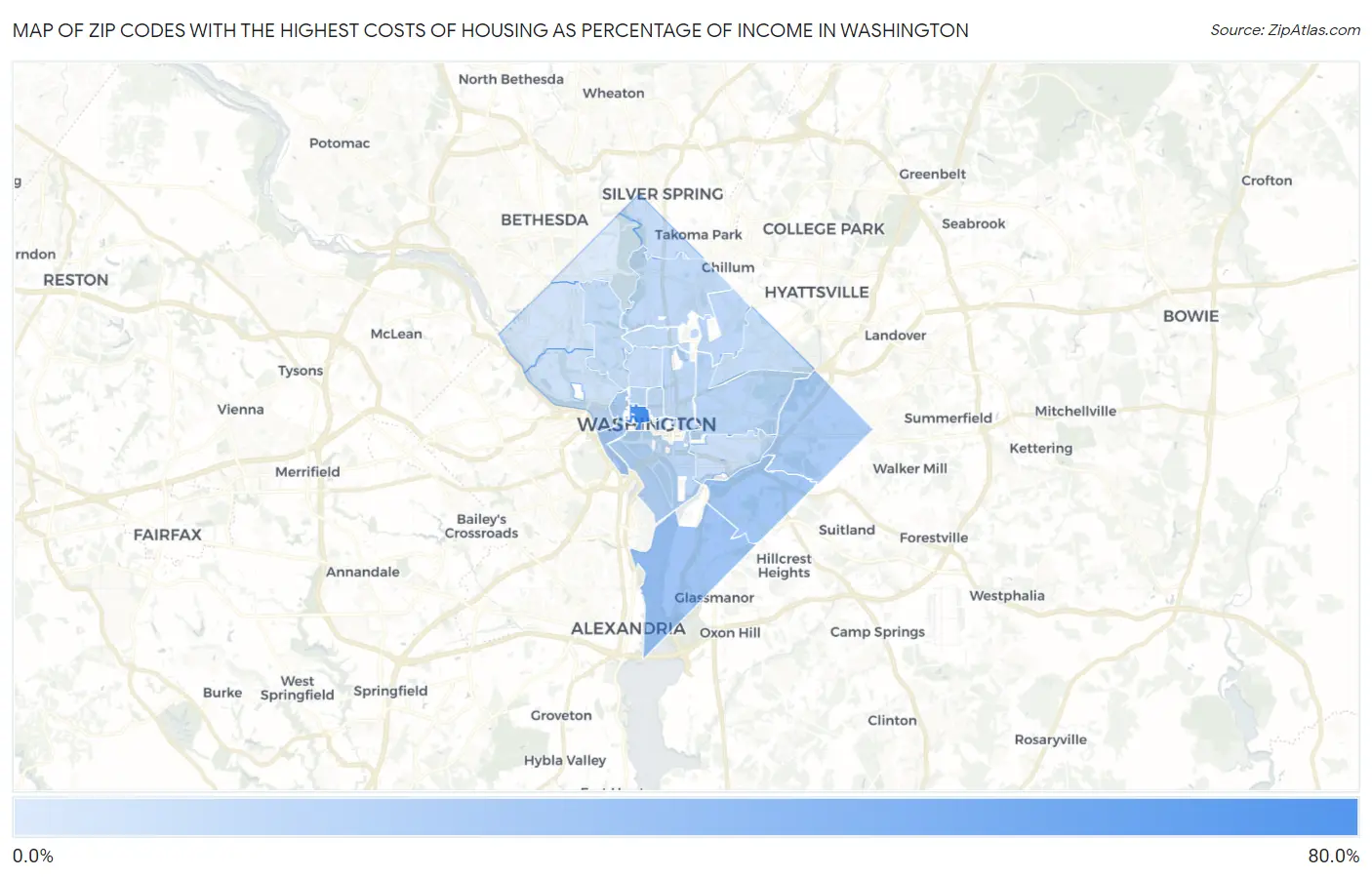 Zip Codes with the Highest Costs of Housing as Percentage of Income in Washington Map