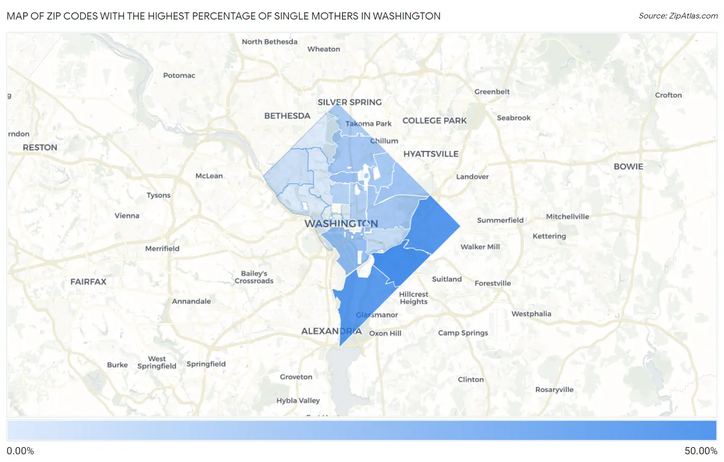 Zip Codes with the Highest Percentage of Single Mothers in Washington Map