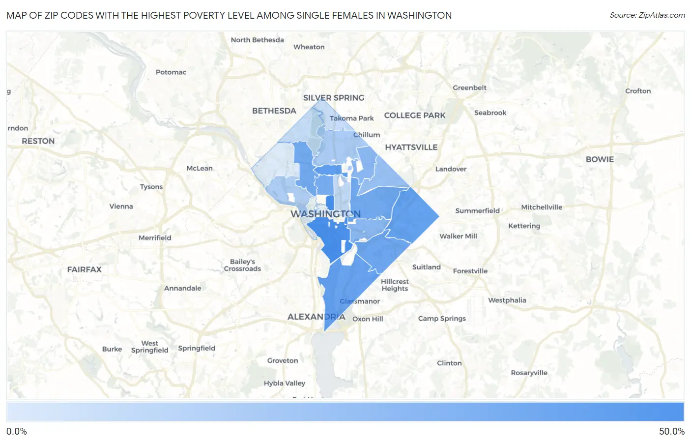 Zip Codes with the Highest Poverty Level Among Single Females in Washington Map