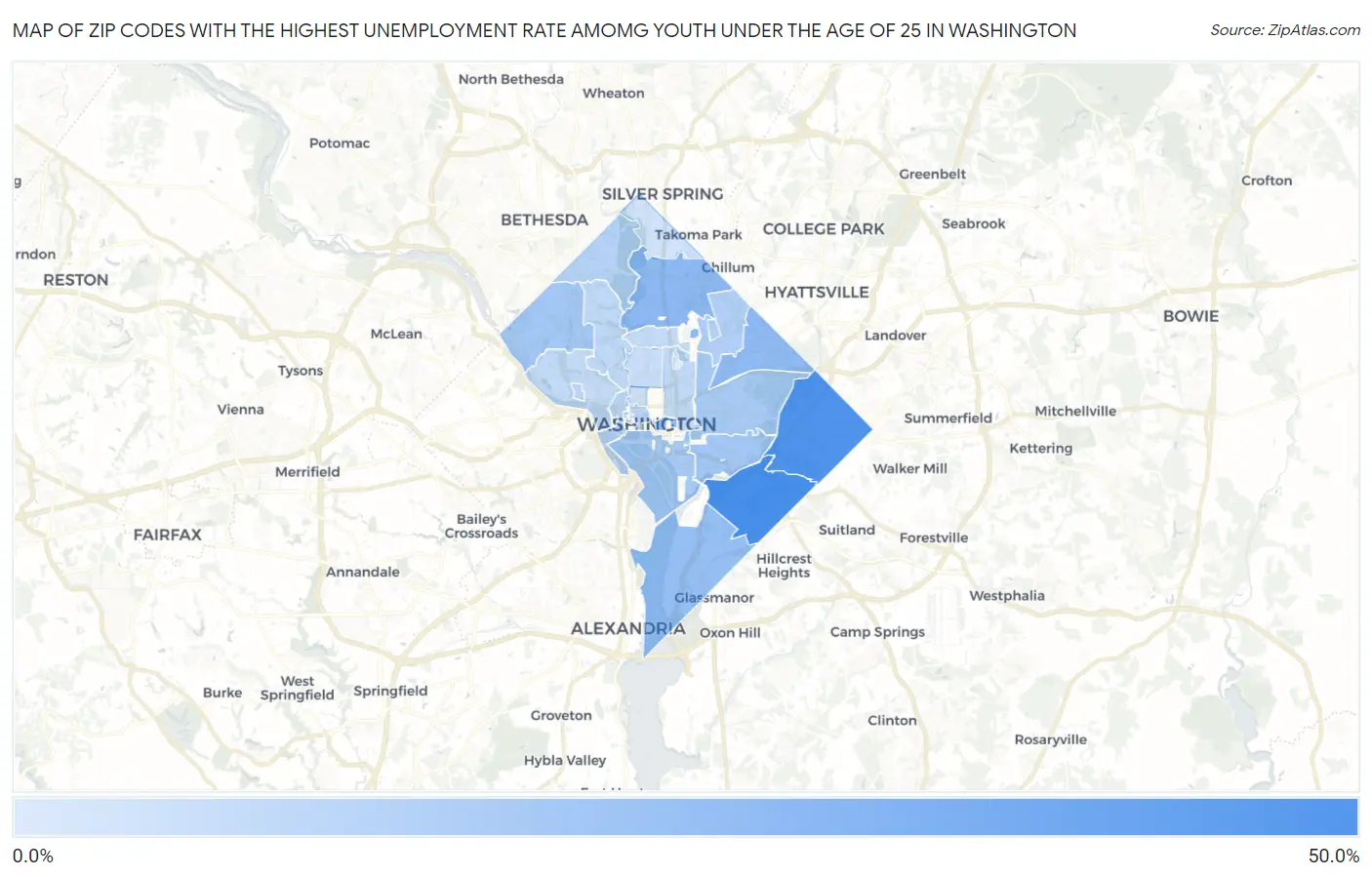Zip Codes with the Highest Unemployment Rate Amomg Youth Under the Age of 25 in Washington Map