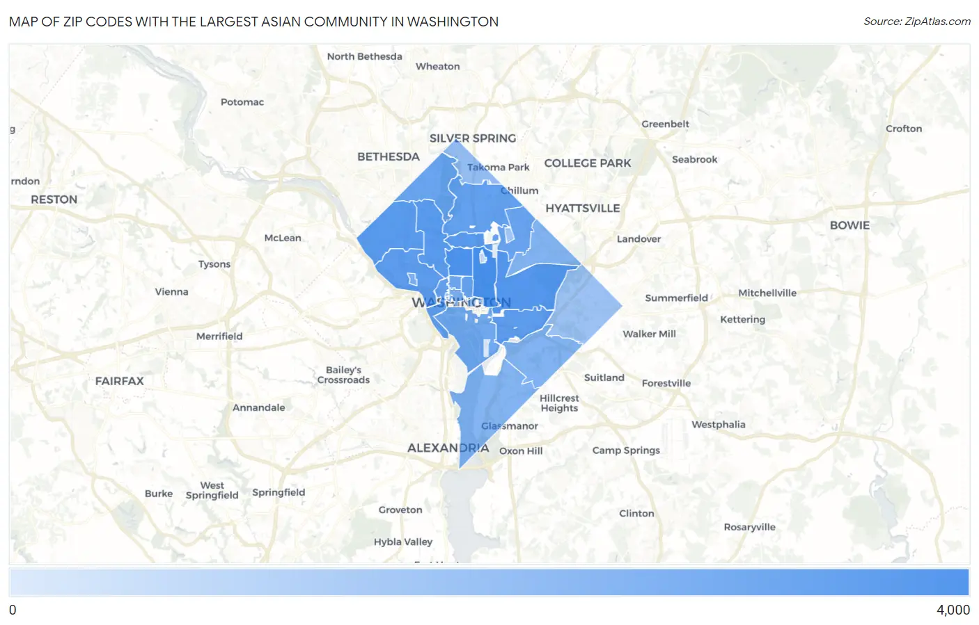Zip Codes with the Largest Asian Community in Washington Map
