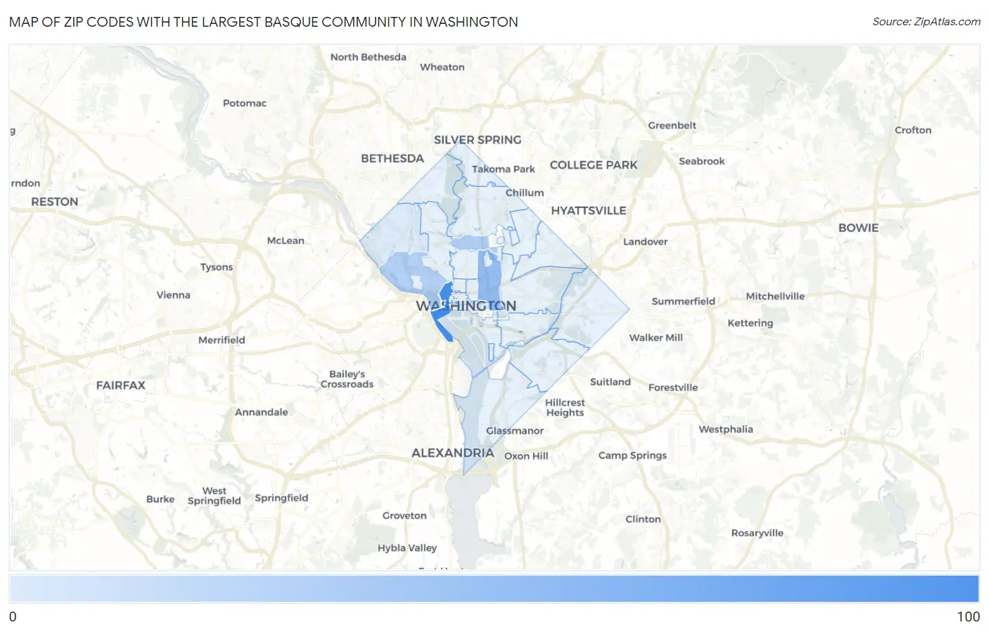 Zip Codes with the Largest Basque Community in Washington Map