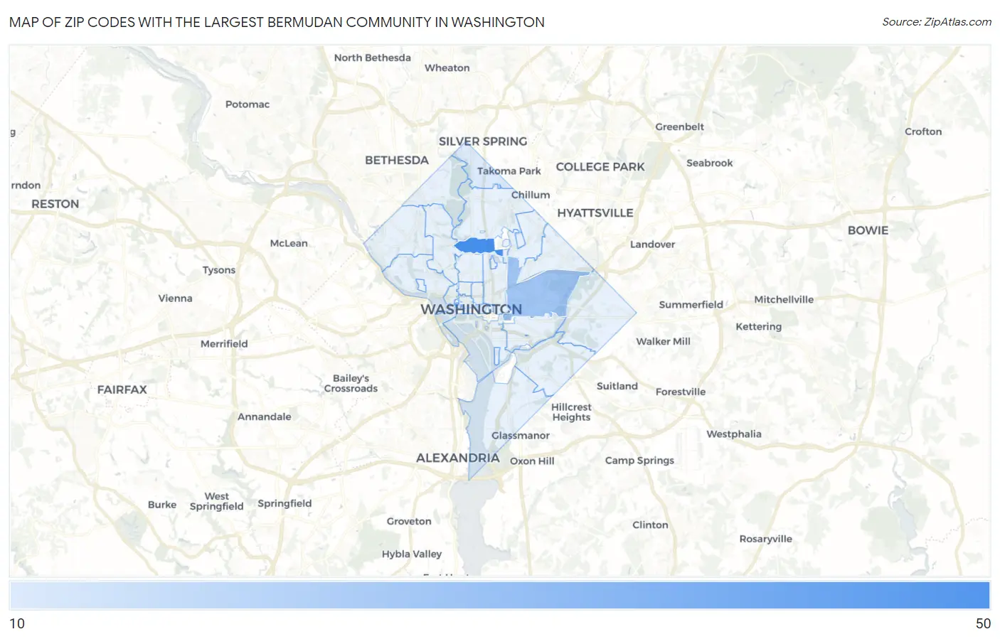 Zip Codes with the Largest Bermudan Community in Washington Map