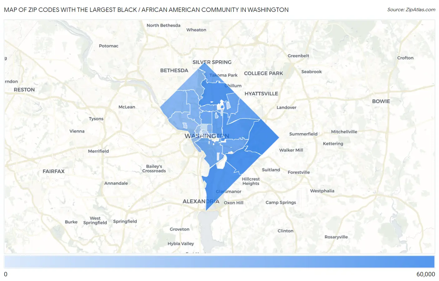 Zip Codes with the Largest Black / African American Community in Washington Map
