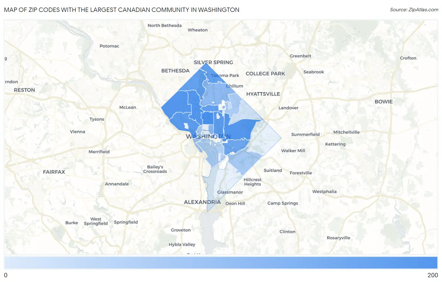 Zip Codes with the Largest Canadian Community in Washington Map