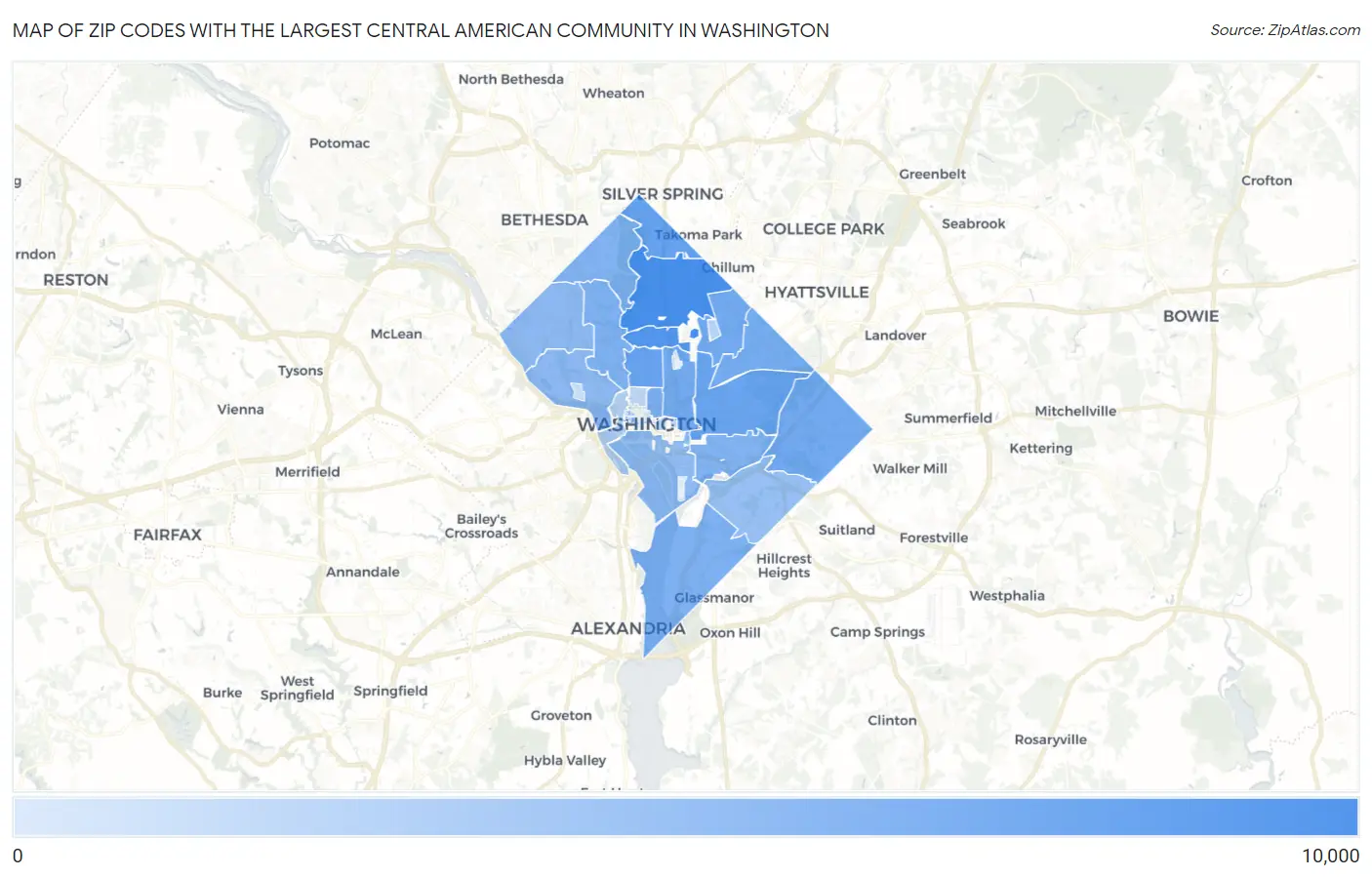 Zip Codes with the Largest Central American Community in Washington Map