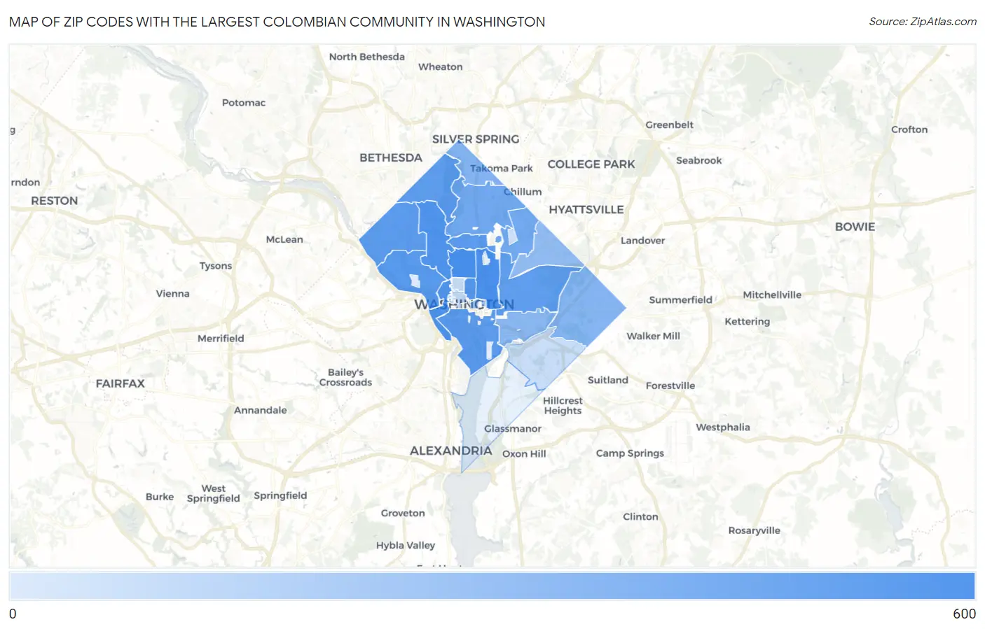 Zip Codes with the Largest Colombian Community in Washington Map