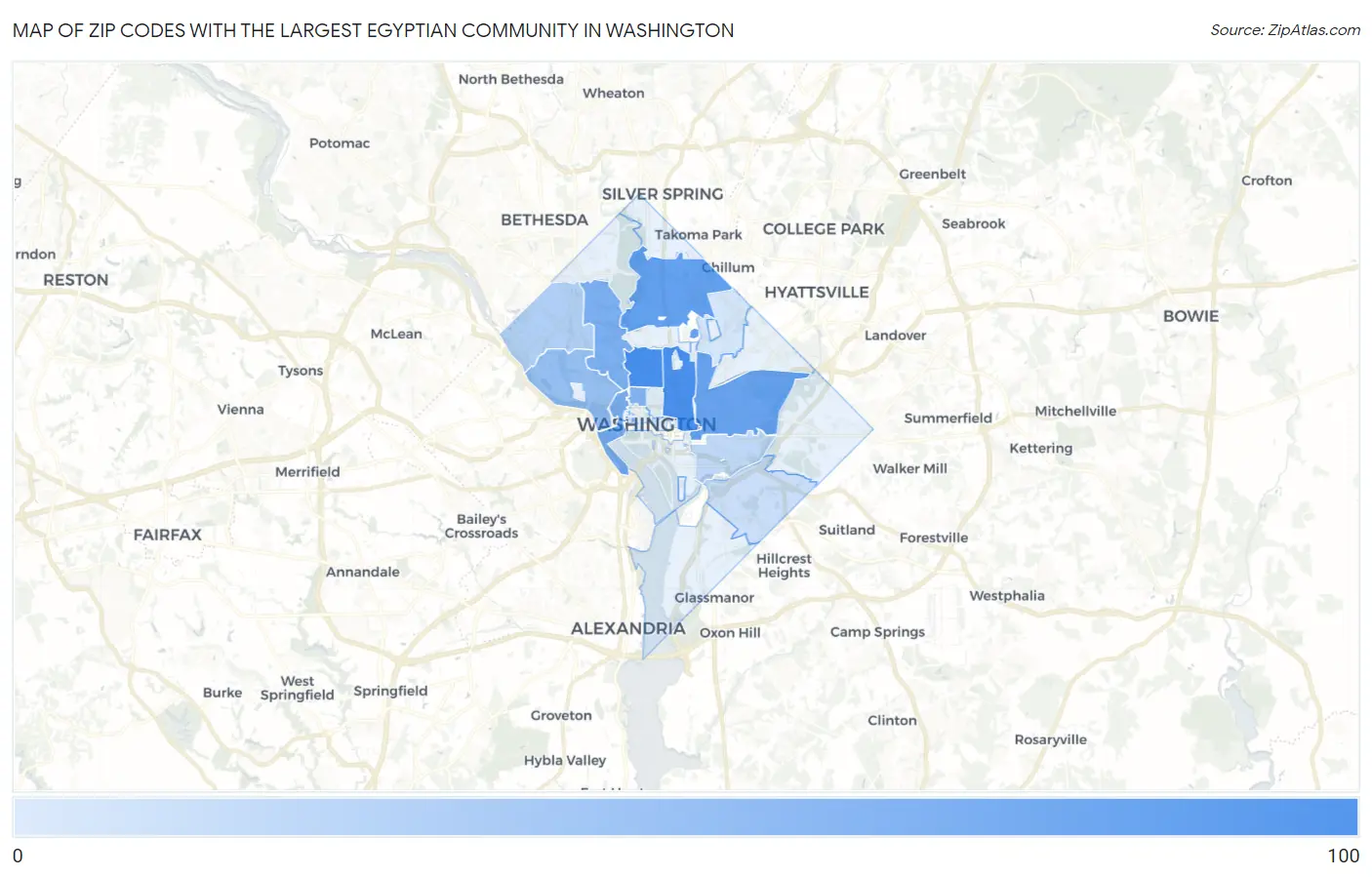 Zip Codes with the Largest Egyptian Community in Washington Map