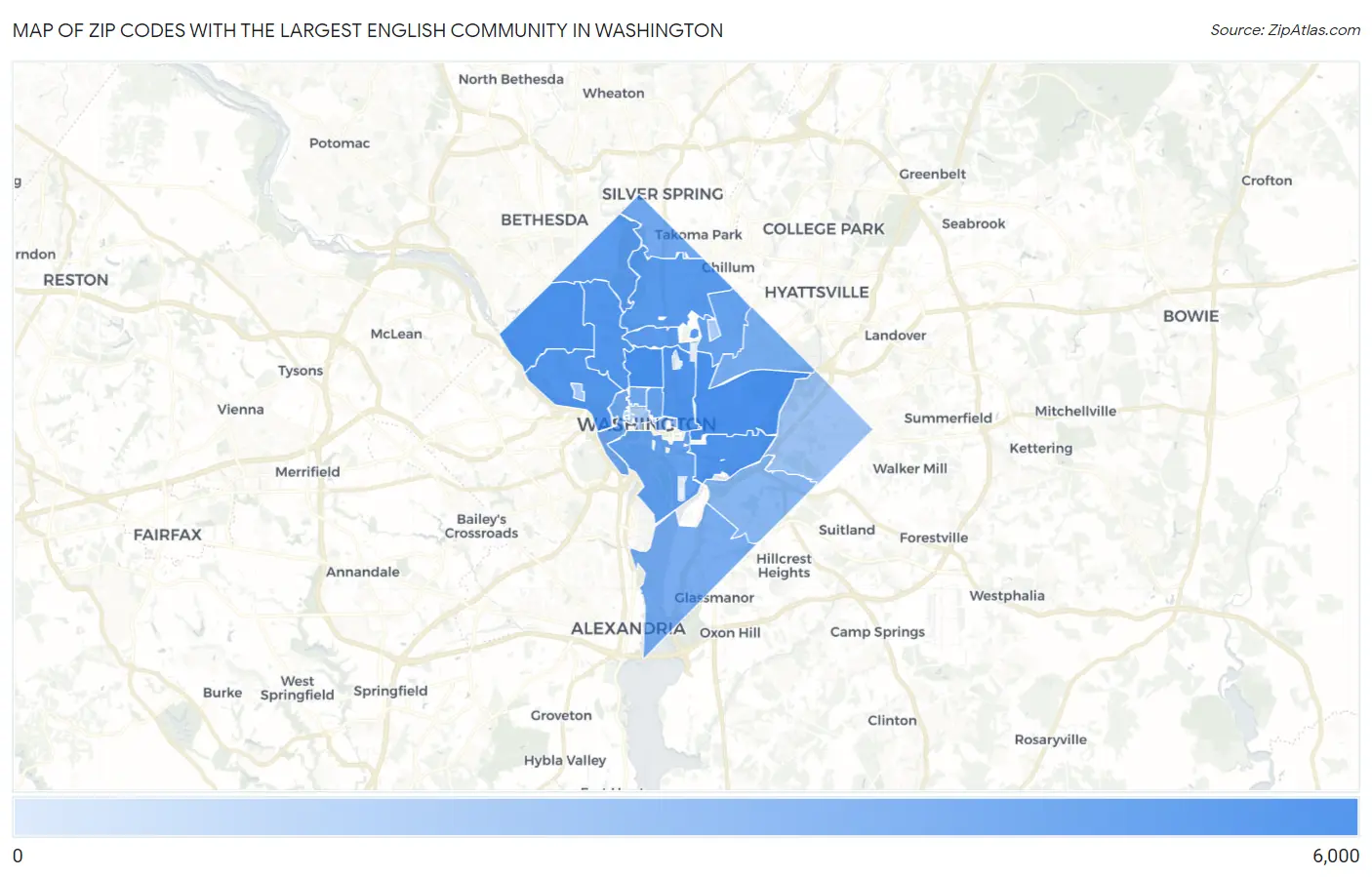 Zip Codes with the Largest English Community in Washington Map