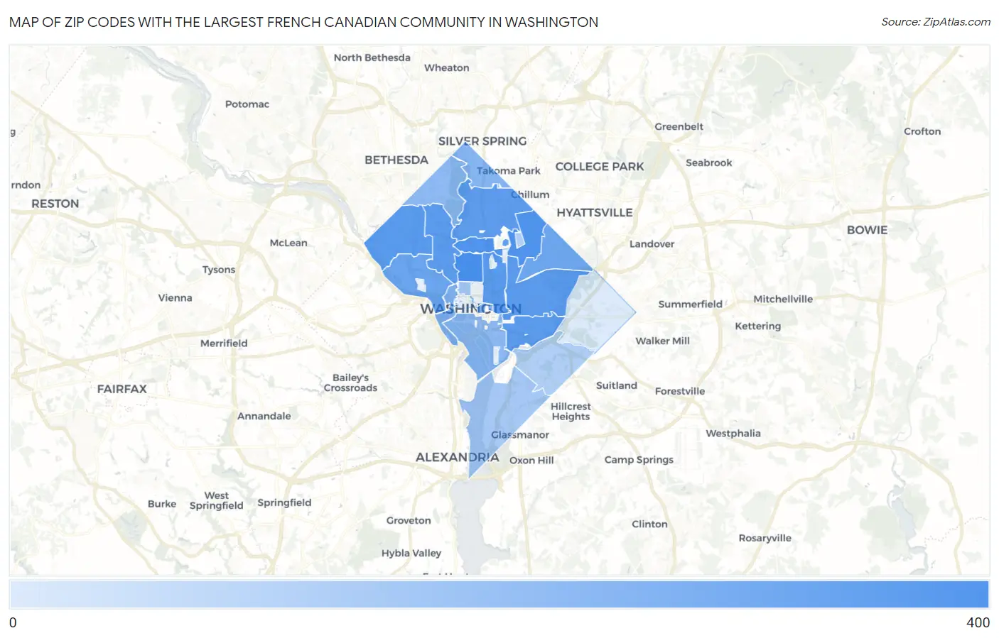 Zip Codes with the Largest French Canadian Community in Washington Map