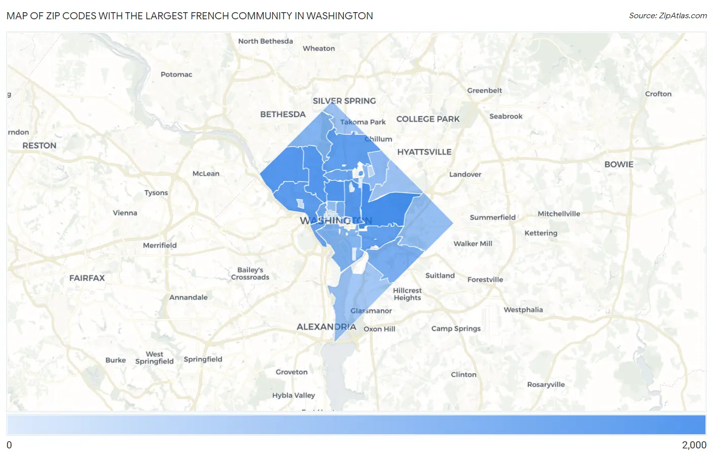 Zip Codes with the Largest French Community in Washington Map