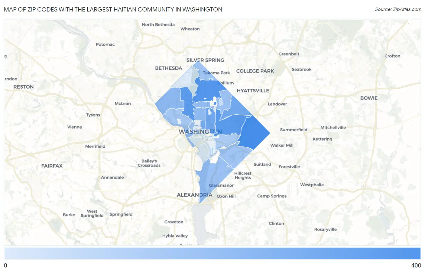 Zip Codes with the Largest Haitian Community in Washington Map