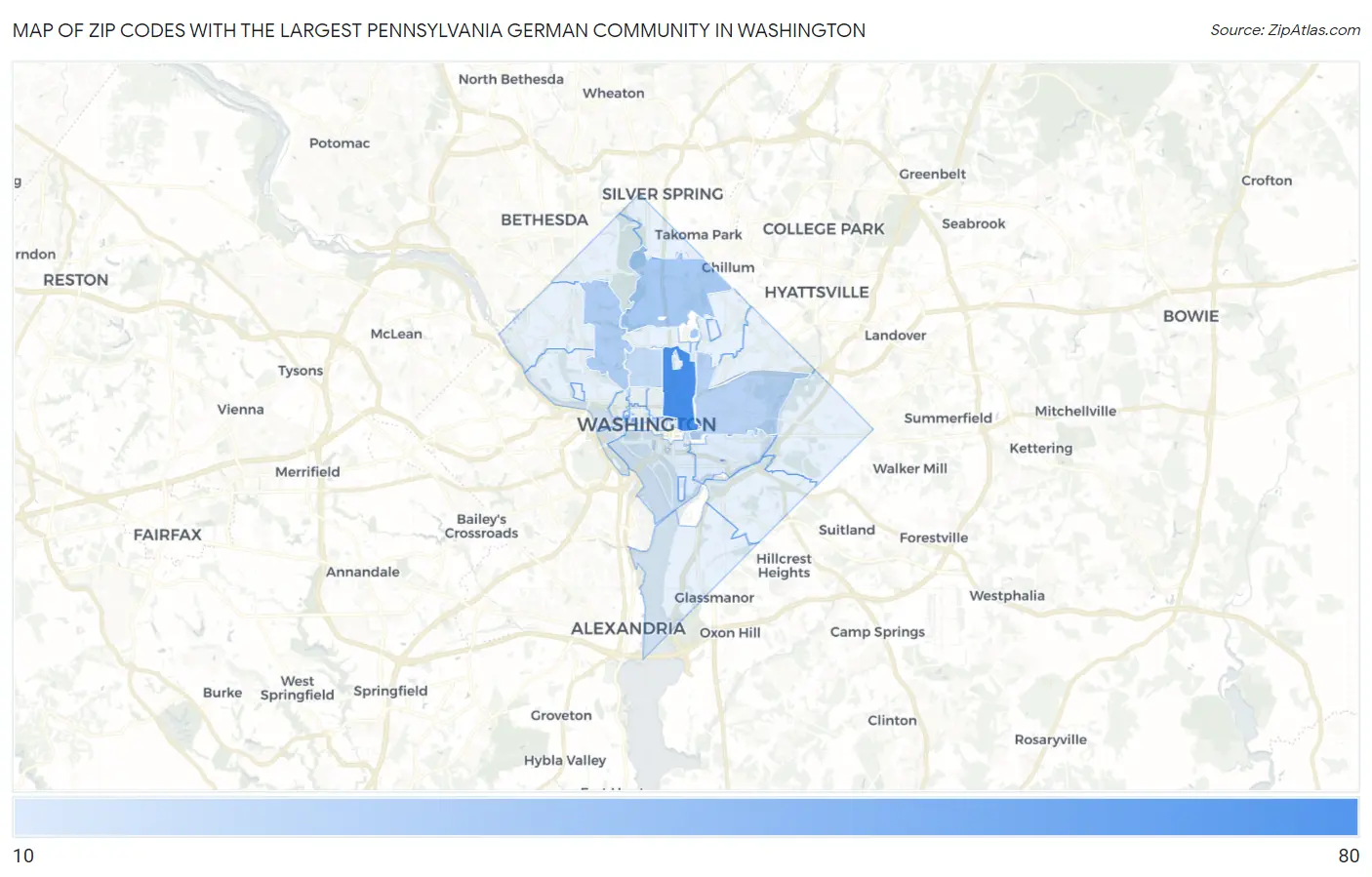 Zip Codes with the Largest Pennsylvania German Community in Washington Map