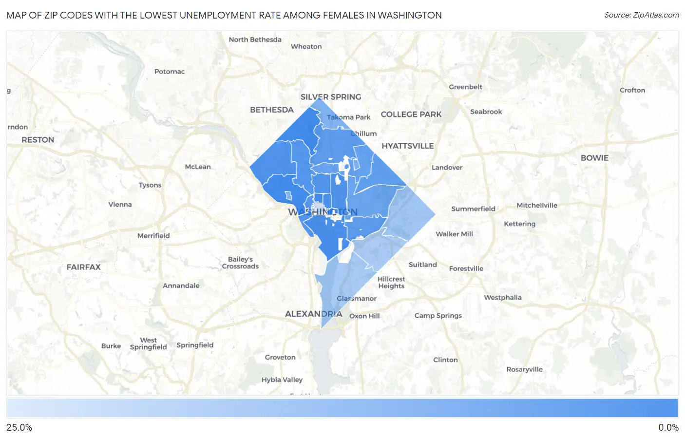 Zip Codes with the Lowest Unemployment Rate Among Females in Washington Map